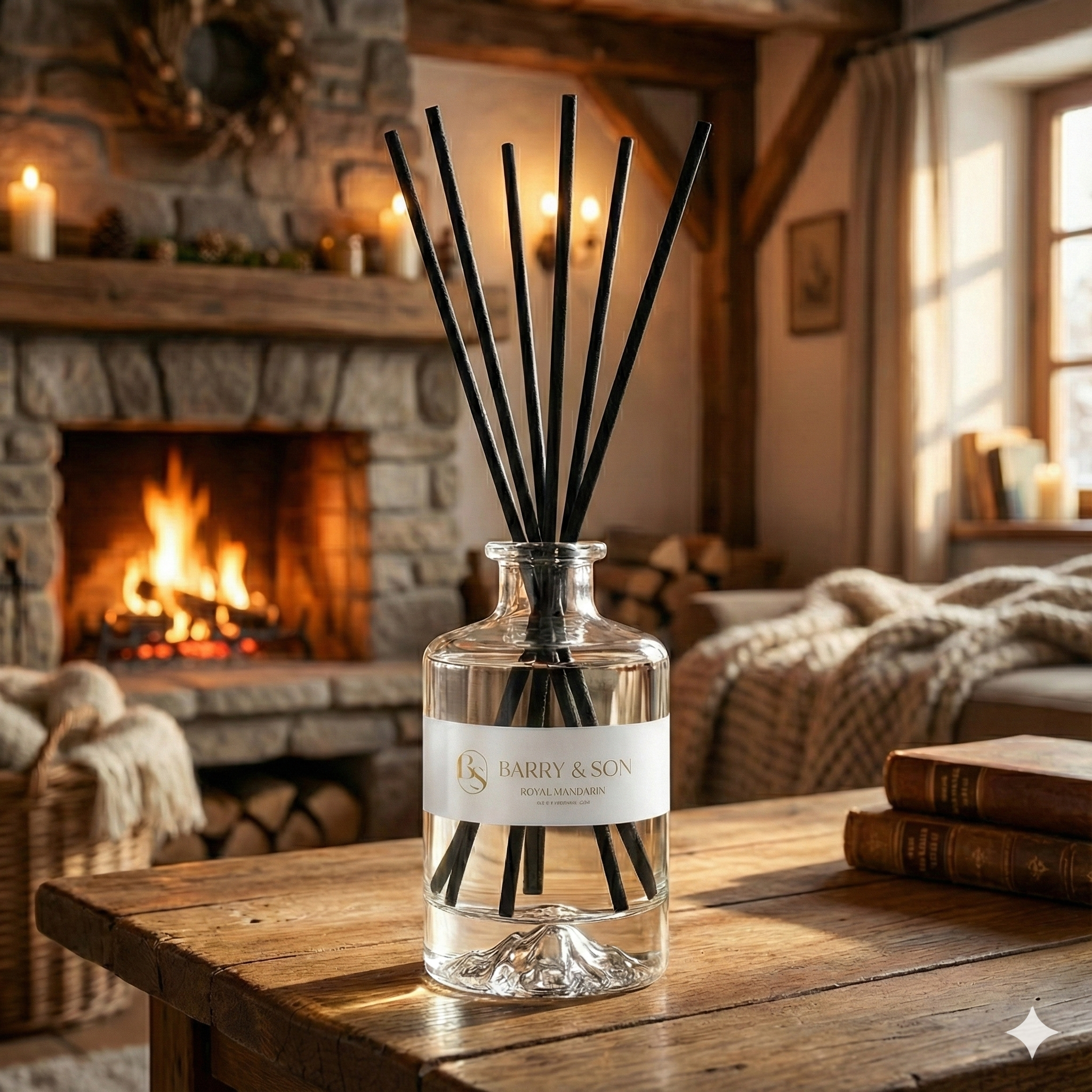 ก้านไม้หอมปรับอากาศ Reed Diffuser จาก Barry & Son วางบนโต๊ะหินอ่อน
